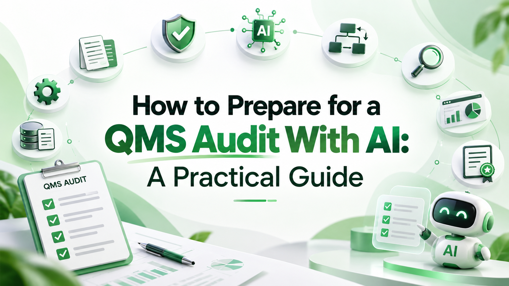 Cover illustration for How to Prepare for a QMS Audit With AI: A Practical Guide, showing a QMS audit checklist and an AI assistant