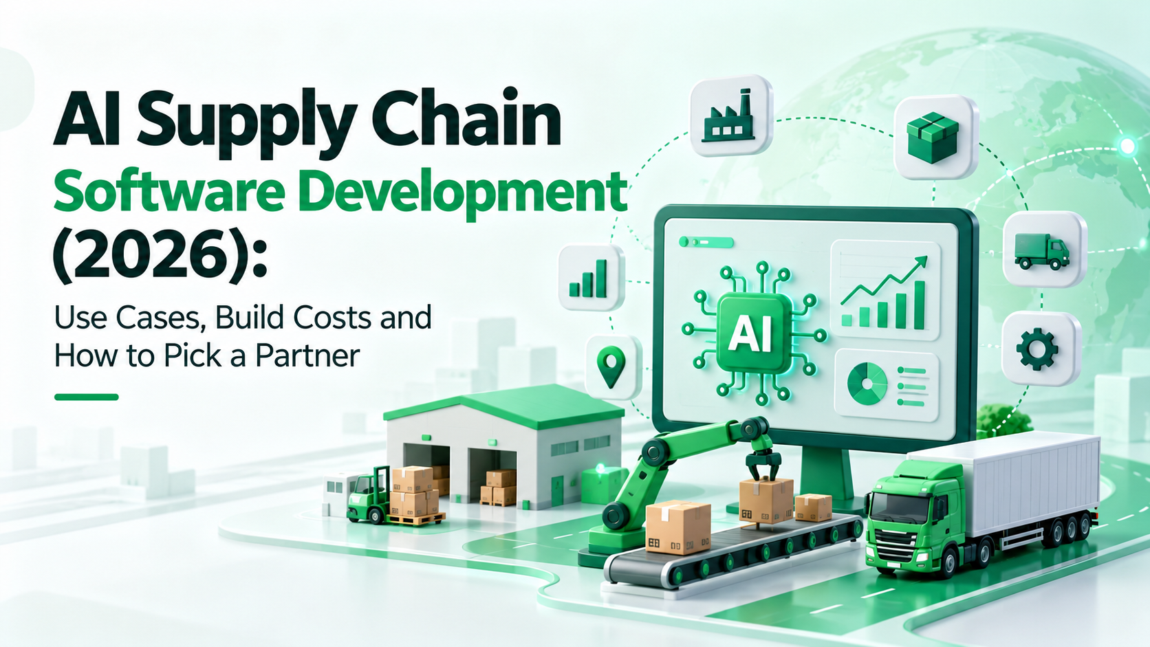 AI supply chain software dashboard with logistics, inventory and forecasting icons