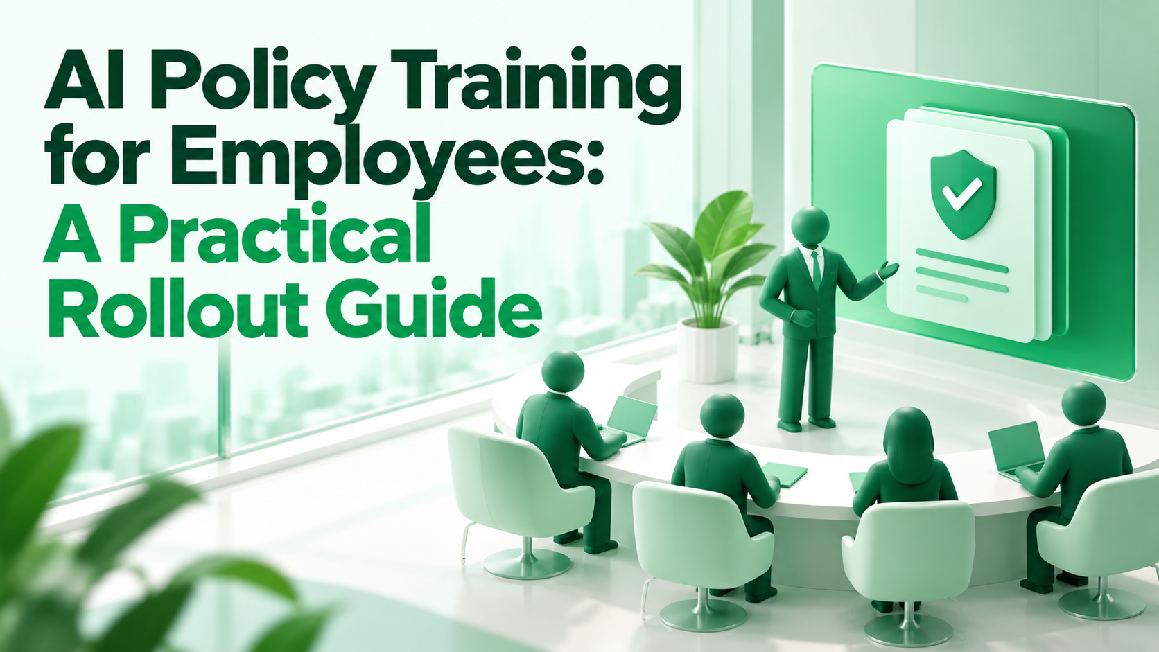 Rollout plan for employee AI policy training showing policy rules, role-based modules, scenario checks and acknowledgment tracking