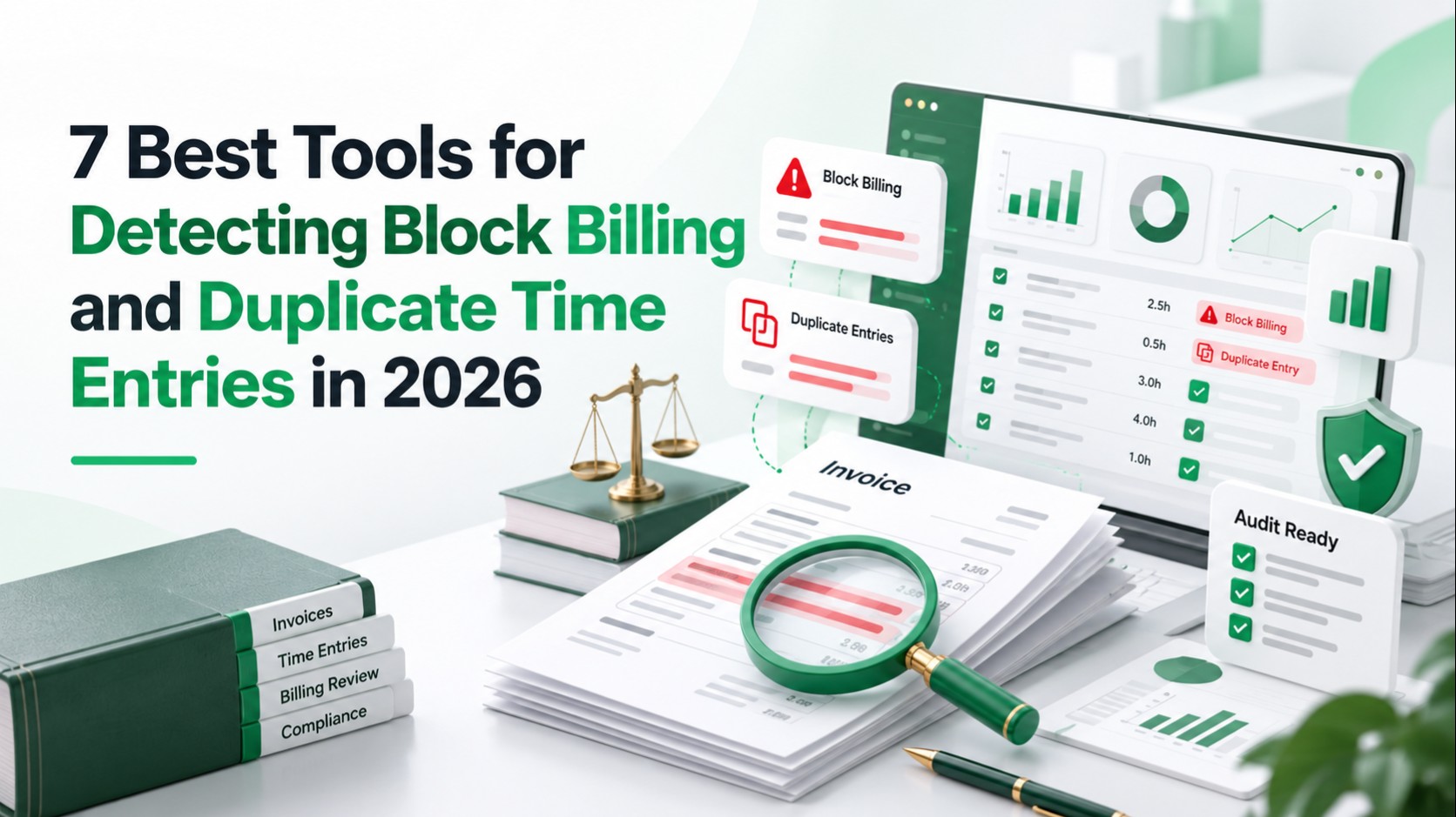 Legal billing audit dashboard showing block billing and duplicate time entry detection