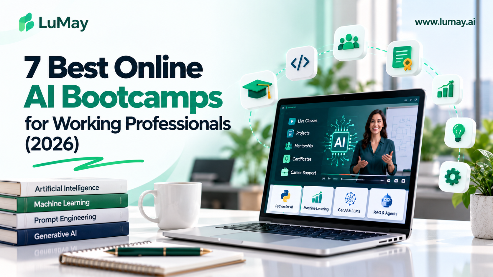 Working professional's desk with a laptop showing a live online AI bootcamp class and AI course books