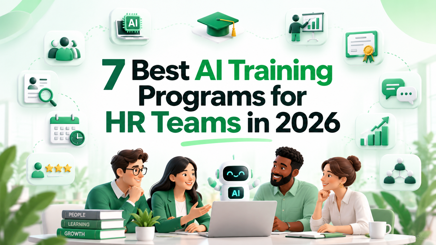 Cover illustration for 7 Best AI Training Programs for HR Teams in 2026, showing an HR team learning around a laptop with an AI assistant