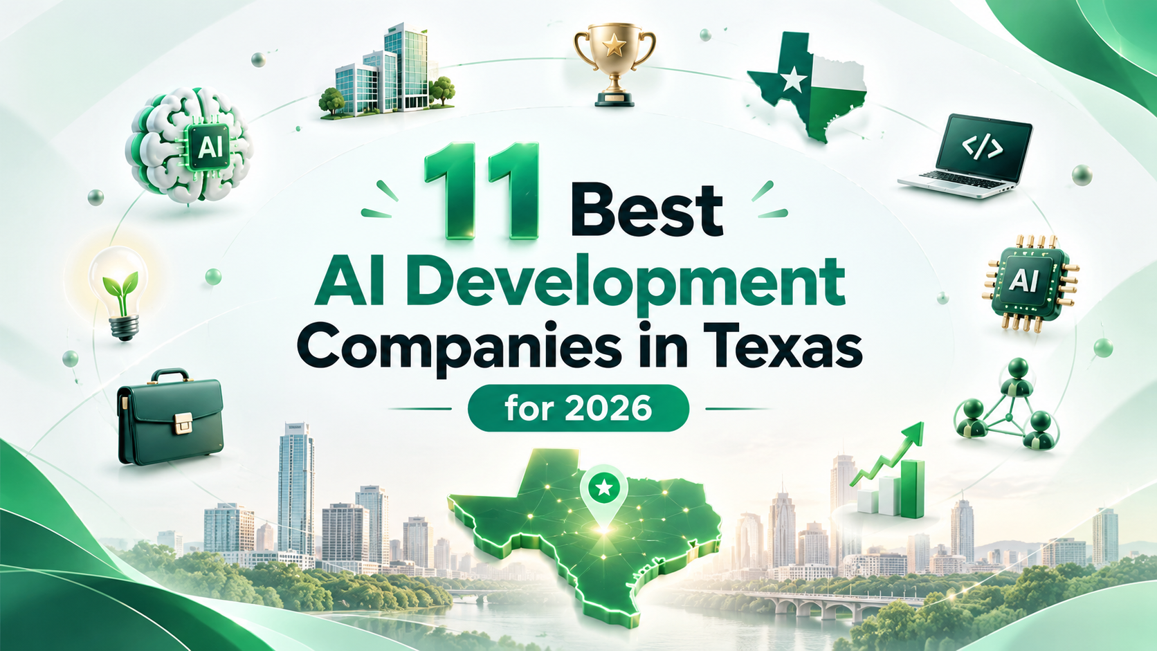 Cover illustration for 11 Best AI Development Companies in Texas for 2026, showing a Texas map and city skyline