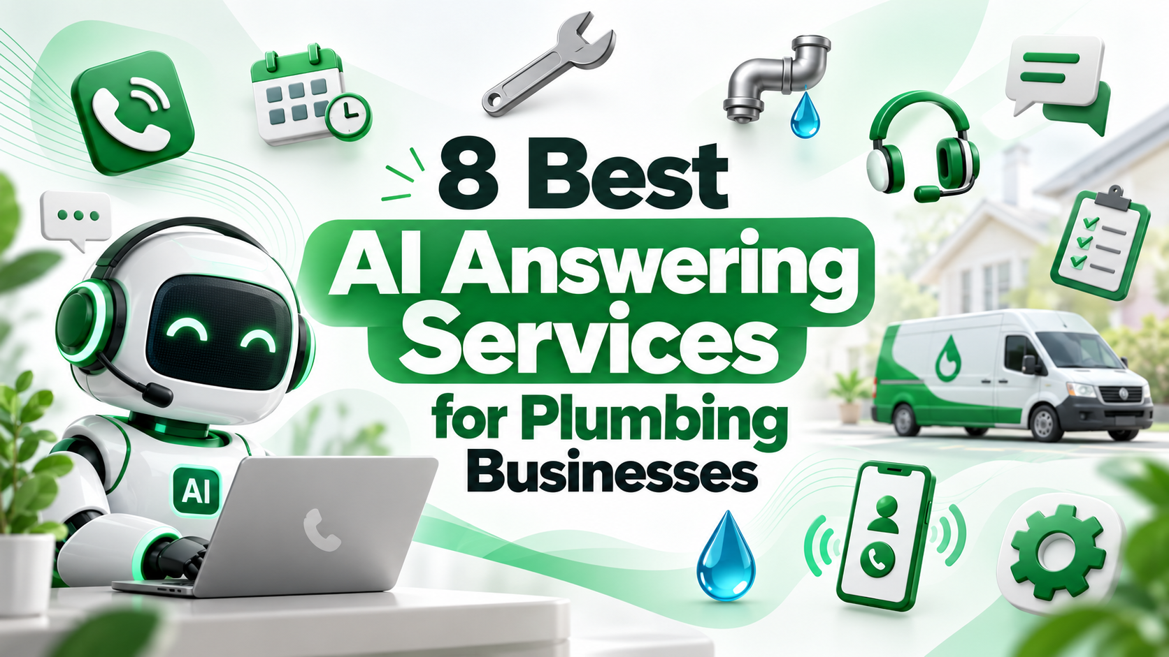 Cover illustration for 8 Best AI Answering Services for Plumbing Businesses, showing an AI receptionist robot with a headset and a plumbing van