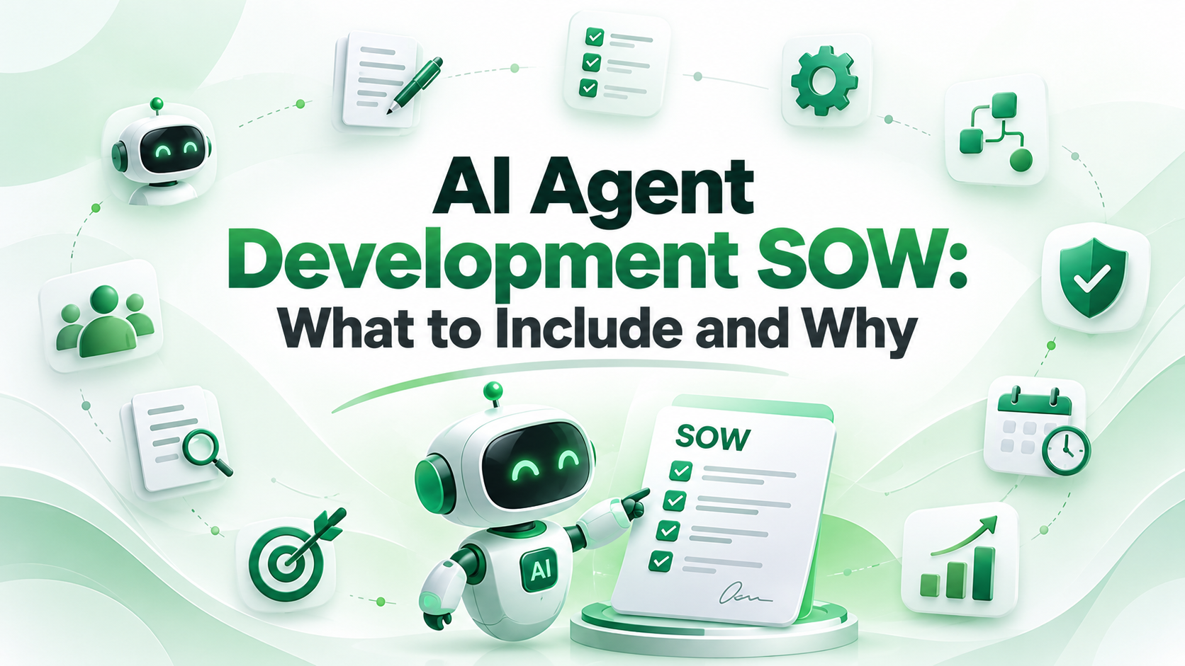Cover illustration for AI Agent Development SOW: What to Include and Why, showing an AI robot pointing to a statement of work checklist