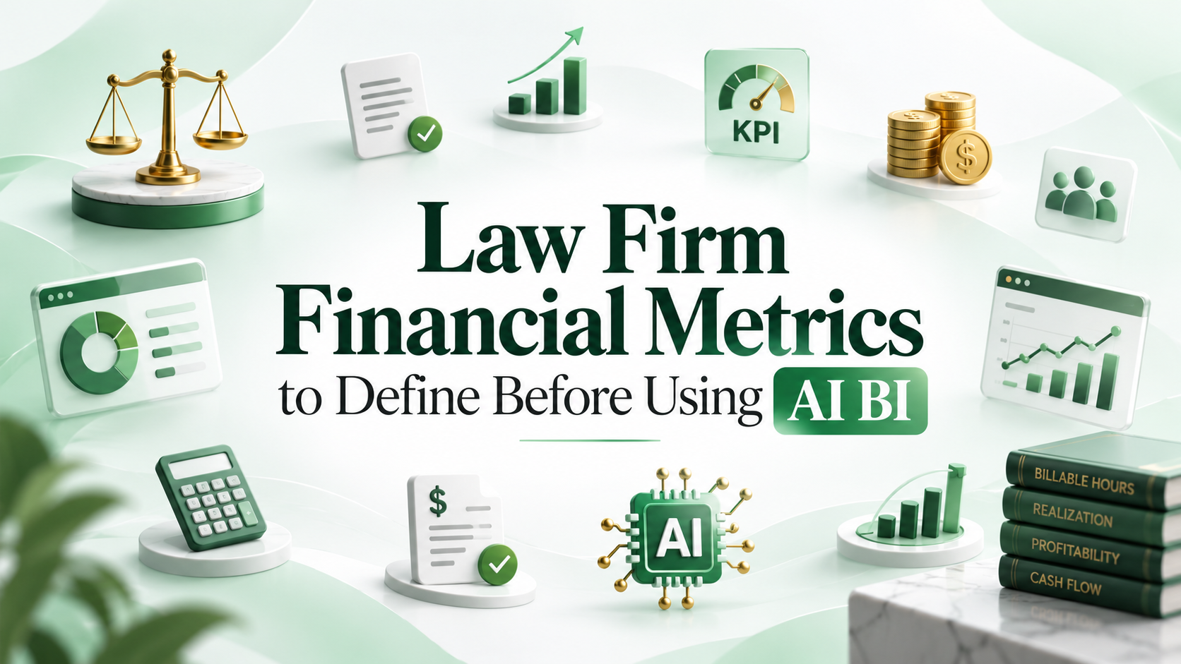 Cover illustration for Law Firm Financial Metrics to Define Before Using AI BI, showing scales of justice, KPI gauges and financial charts