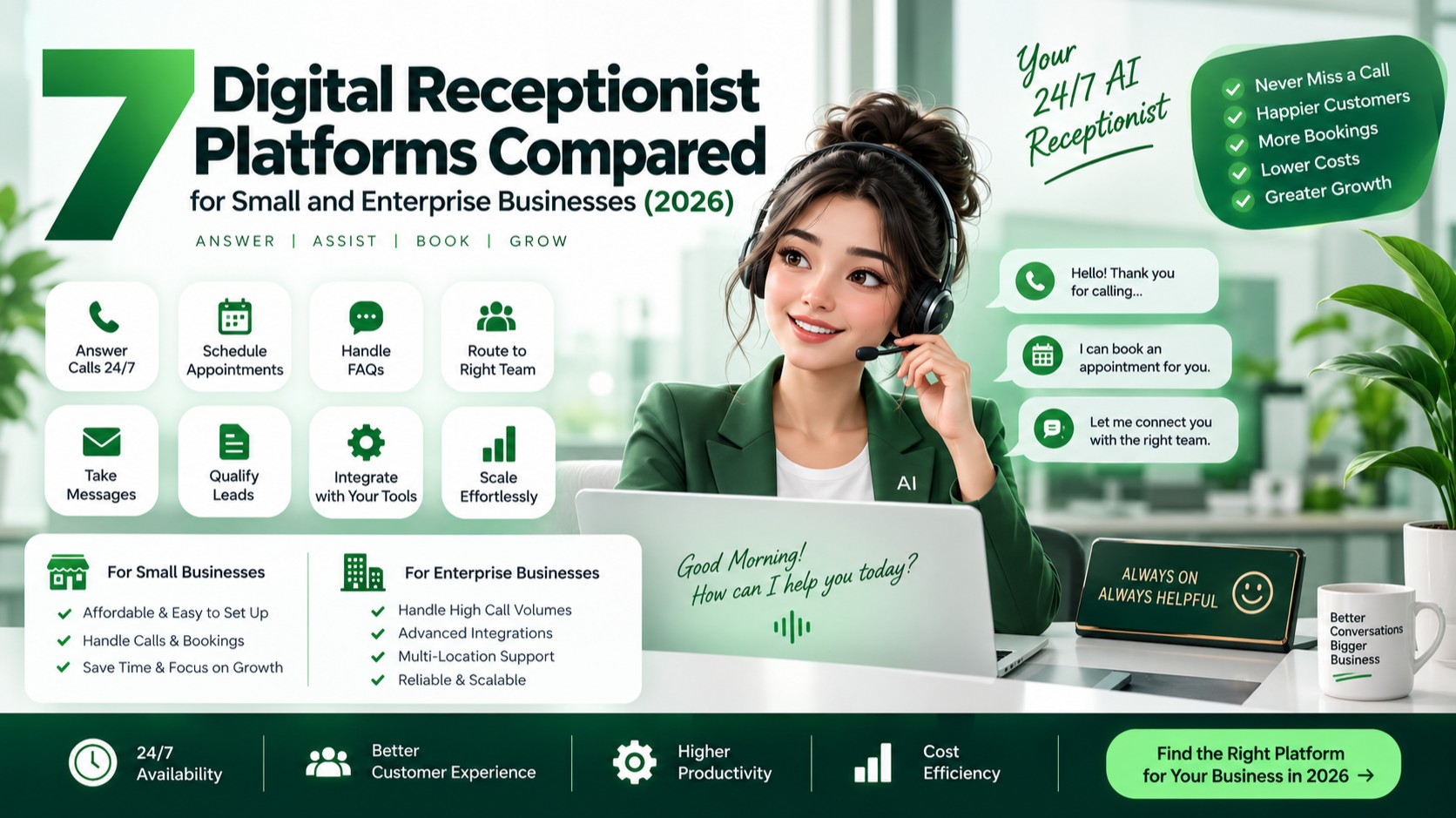 Comparison illustration of digital receptionist platforms for small and enterprise businesses