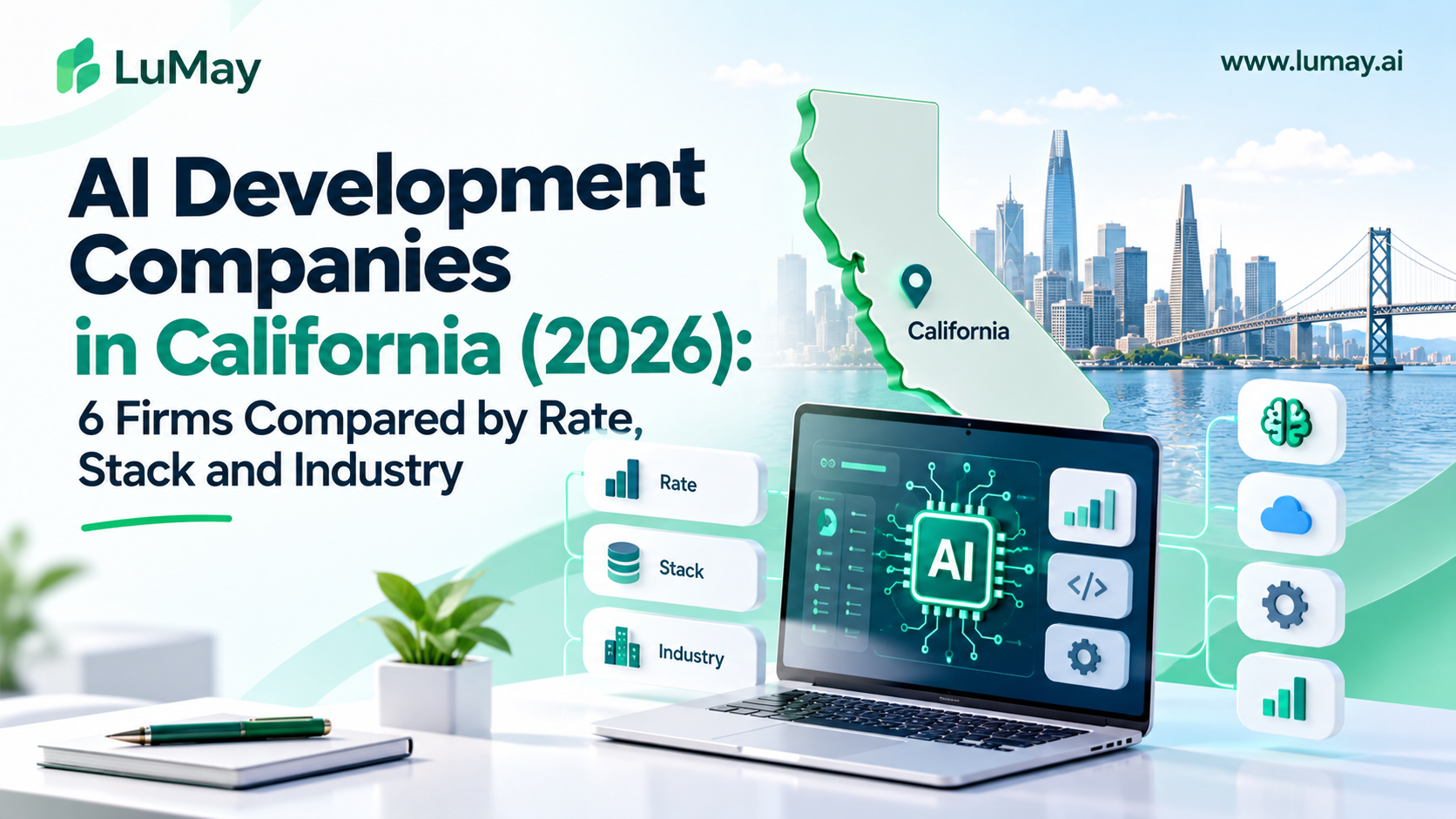 California map and Bay Area skyline beside a laptop comparing AI development firms by rate, stack and industry