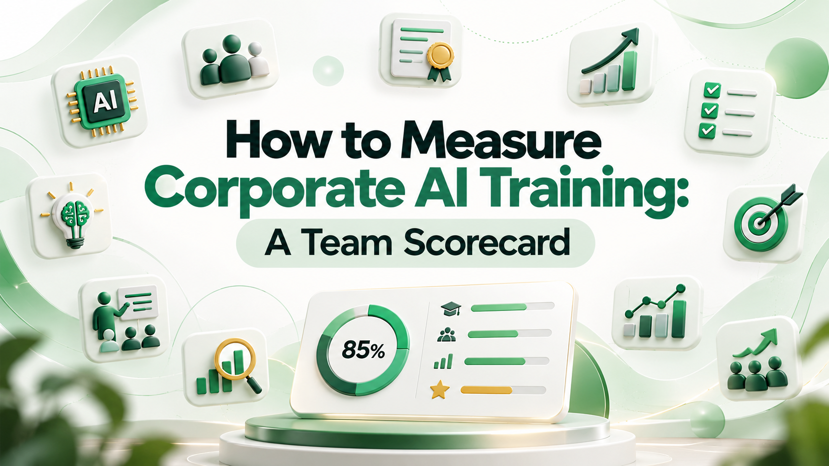 Cover illustration for How to Measure Corporate AI Training: A Team Scorecard, showing a training scorecard dashboard with progress bars